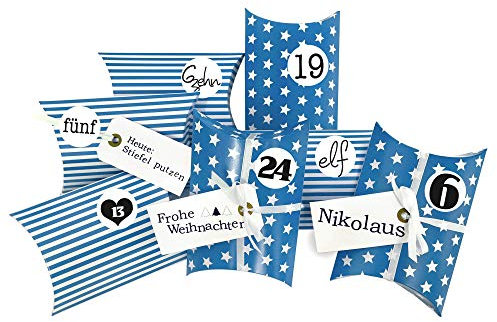 Frau WUNDERVoll® DIY Adventskalender zum Befüllen Christkind: Set 197, Kissenschachteln 15x11x4,5cm blau Sterne und Streifen, Ziffern schwarz-weiß