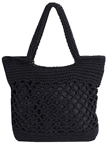 LA HAUTE Fils de coton tissage sac à main décontracté été plage fourre-tout sac à bandoulière en paille fait à la main, Noir