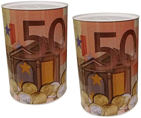 GW Handels UG 2er Set XXL Spardose 50 Euro Blechdose Metall Spardose 22 cm x 15 cm Sparschwein Geburtstag