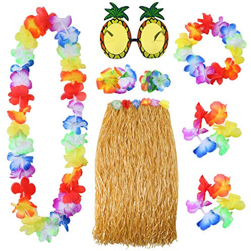Elcoho hawaiianischer Hula-Bastrock mit Sonnenbrille, Leis-Halskette und Armbändern im Set, 8-teilig