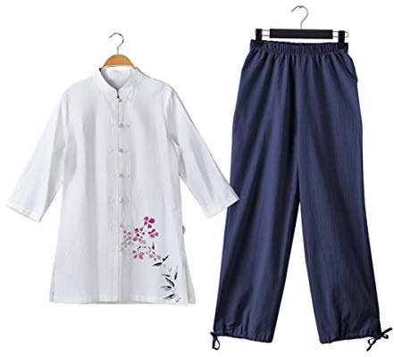 KSUA Arts Martiaux Femmes Costume Coton Tai Chi Uniforme Kung Fu Chinois vêtements Wing Chun vêtements avec Manches Trois Quarts, Fleur Pourpre + Bleu Un Pantalon EU L/Étiquette XL