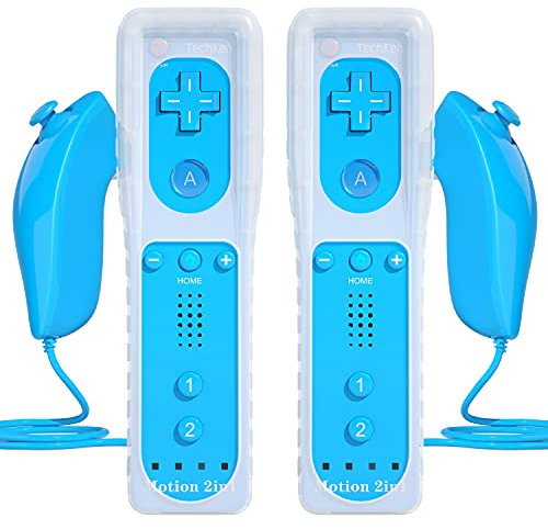 2 Sets Remote Controller for Wii, TechKen Replacement Remote Built-in Motion Plus Controller and Nunchuck (2 Blue)