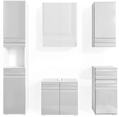 Vicco Badmöbel-Set Fredd, Badezimmerschrank-Set, Weiß Hochglanz, 5 Teile