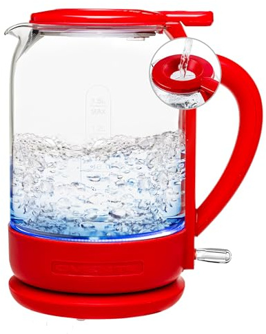 OVENTE Electric Kettle with 1.5L Borosilicate Glass, 1500W Fast Boiling Water Heater for Coffee or Tea, Easy to Fill Lid, Auto Shut-Off, Boil-Dry Protection & Stainless Steel Filter, Red KG516R