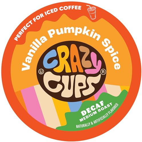 Crazy Cups Decaf Flavoured Vanilla Pumpkin Spice Coffee Pods Recyclable Medium Roasted Single Serving for Keurig K Machines Hot or Iced (Pack of 22)