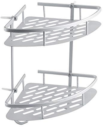 Ejoyous 2 Tier Corner Shelf, Aluminum Alloy Bathroom Corner Rack Shower Shelf Organiser, No Drill Space Saving Towel Bar Basket Caddy Organiser with Hook, Shower Gel Corner Shower Organizer
