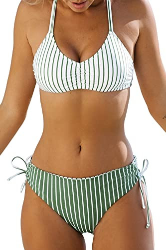 CUPSHE Damen Bikini Set mit Geflochtenen Trägern Streifen Bademode Reversible Bikinihose Zweiteiliger Badeanzug Mintgrün XL
