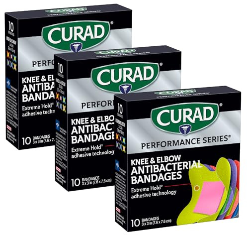 CURAD Performance Series Antibacterial Bandages, Extreme Hold Adhesive Technology, Knee & Elbow 3 inches x 3 inches, 10 Count, Ideal for Cuts, Scrapes, Sports, and Active Lifestyles, Pack of 3