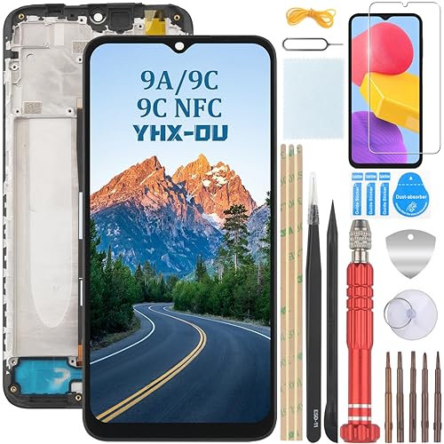 YHX-OU Negro+Marco Pantalla táctil para Xiaomi Redmi 9A Redmi 9C Redmi 9C NFC Pantalla LCD de digitalizador táctil Reemplazo Touch Pantalla con Redmi 9A Redmi 9C Película Templada+ Herramienta