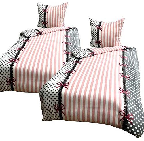 Leonado Vicenti Winter Bettwäsche 155x220 cm Thermofleece Flauschig Garnitur Set Bettbezug Grau Weiß Rosa Schleife 4 TLG
