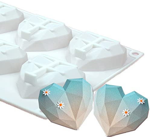 DUBENS Diamant Herz Silikonform, 6 Hohlräume Antihaft Easy Release Herzförmige SilikonformSchale für Schokolade, Süßigkeiten, Kuchen, Gelee, Mousse Herstellung