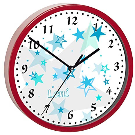 CreaDesign, WU-02-1030-13, Sterne Türkis Wanduhr für Kinderzimmer, personalisierbar mit Namen, Rahmen rot, Durchmesser 19,5 cm