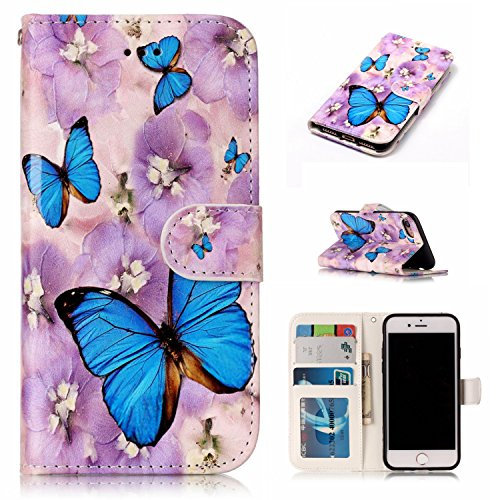 nancencen Gemalte Serie Handyhülle für iPhone 5 / 5S / SE 2016 Hülle mit Ständer, Premium PU Leder Brieftasche Schutzhülle [Anti-Kratzer] Flip Case Cover Stoßfeste Klapphülle, Blauer Schmetterling