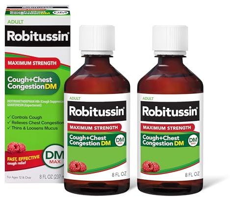 Robitussin Adult Maximum Strength Cough Plus Chest Congestion DM Max, Cough Suppressant and Expectorant, Raspberry Flavor, 8 Fl Oz x 2