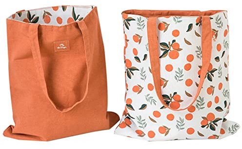 PLATEYTR Doppelseitige Leinentasche aus Baumwolle und Leinen,Stoff Tasche, Einkaufstasche, Baumwolle Schulter Reversible Leinwand Messenger Bag für Damen,Kinder(Mandarine,40cm x 36cm)