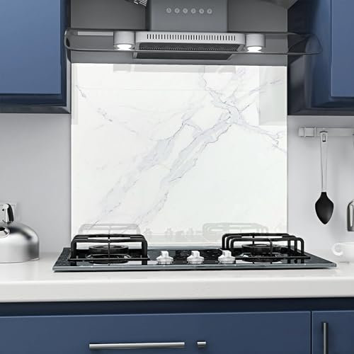 Home Supplies Tempered Glass Splashback for Kitchen, 6mm Toughened Glass Heat Resistant Splashbacks for Cookers (60X65, White Marble Glass)