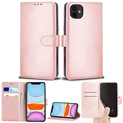 EKAM Case Compatible With iPhone 11 PU Leather Wallet Book Flip Folio Stand View Cover Magnetic Closure with Card Slots for iPhone 11 [6.1 Inch] (Rose Gold)