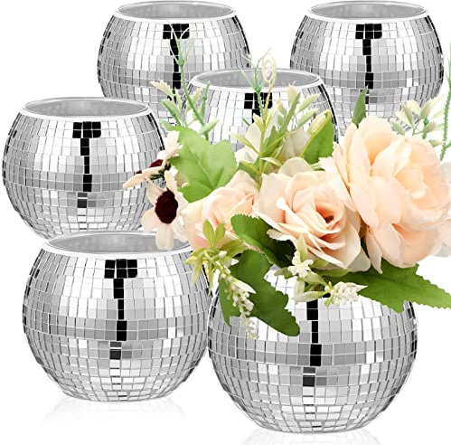 6 Pieces Disco Ball Flower Vase Mirror Disco Ball Glass Vase Disco Ball Planter Candle Holder Glass Vase Bulk for Wedding Centerpieces Bedroom Kitchen Office Decoration Birthday (Silver,3 x 4 Inch)