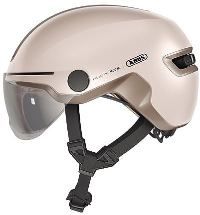 ABUS HUD-Y ACE city helmet - stylish bike helmet with visor and magnetic, rechargeable rear LED light - for men and women - beige, size L