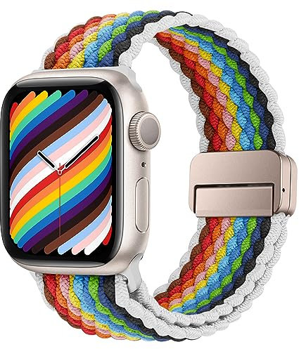 HITZEE Compatible avec Bracelet Apple Watch 49/46/45/44/42/41/40/38mm, Bracelet Élastique avec Fermoir Magnétique Conçus pour iWatch Ultra 2 Série 10 9 8 7 SE 6 5 4 (42/44/45/46/49, Arc-en-ciel Blanc)