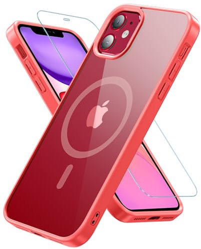 OWKEY Compatible with iPhone 11 Case, iPhone 11 Phone Case 6.1 with Tempered Glass, [Shockproof Military Grade Drop] Transparent Back Magnetic Slim Bumper Cover Case for iPhone 11, Red