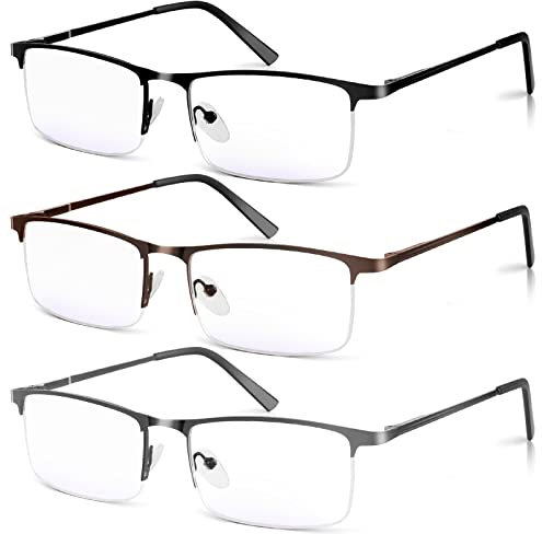 Xnourney 3 Pack Blue Light Blocking Reading Glasses for Men, Stylish Half Frame Metal Computer Readers, Lightweight Spring Hinge Eyeglasses Anti Eyestrain/Glare/UV (Mix Color, Black+Grey+Brown, 3.0)