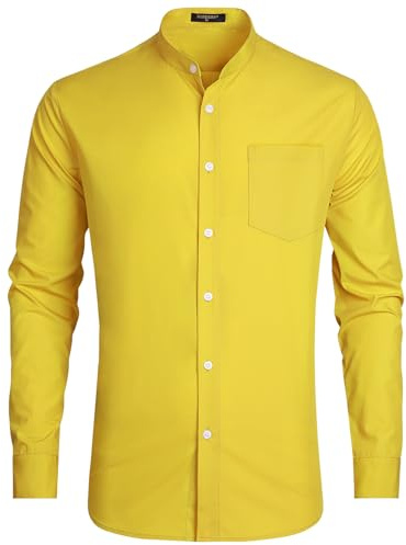 HISDERN Grandad Collar Dress Shirt for Men Casual Wedding Long Sleeve Yellow Mens Shirt Button Down with Pockets L