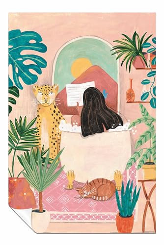 Panther Print Poster Woman taking bath in pink tropical bath, ungerahmt, Bilder für Zuhause, Wände, Schlafzimmer, Wohnzimmer und Badezimmer, 46 x 31 cm