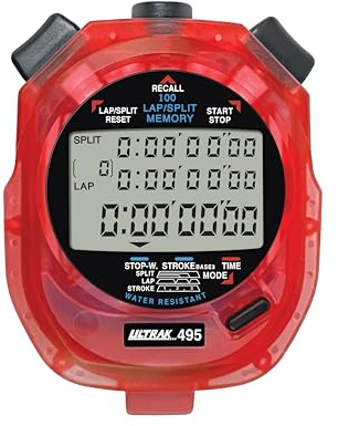 ULTRAK 495 Stopwatch – Red Professional 100-Lap Digital Timer, Countdown Interval Tracker, Water-Resistant Sports Watch, Chronograph for Coaching & Training