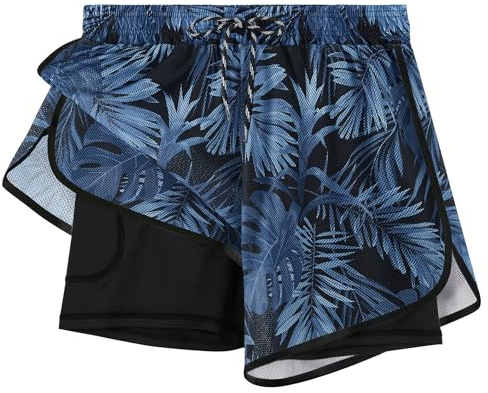 APTRO Pantaloncini Costume da Bagno Nuoto Donna Protezione UV Sportivi da Spiaggia Pantaloni ad Asciugatura Rapida con Tasca Griglia Foglie Blu WK088 L