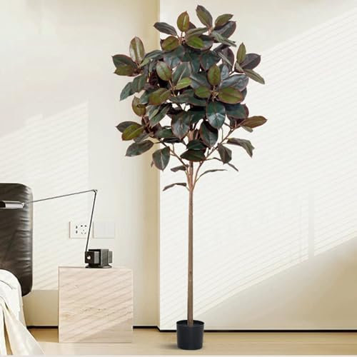 Elitix Kunstbaum Künstlicher Gummibaum für Zuhause mit Immergrünen Blättern, Realistischer Gummibaum Im Topf für Schlafzimmer, Hochzeitsfeier, Eingangsbereich, Dekorationsgummibaum(Red,XXL)