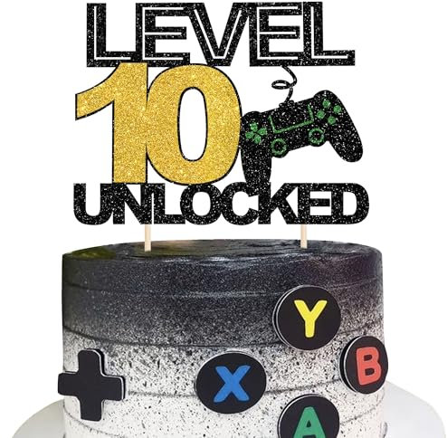 1 unidad de 10 videojuegos decoración para tartas con purpurina para videojuegos de 10 años sin bloqueo para decoración de tartas para niños y niñas, consola de juegos, temática de cumpleaños, fiesta