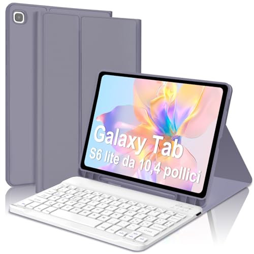 FOGARI Custodia con Tastiera per Samsung Galaxy Tab S6 Lite 2020 10.4 (SM-P610/P615), 2022 (SM-P613/P619), Cover Sottile con Tastiera Bluetooth Rimovibile Con Layout Italiano,Viola