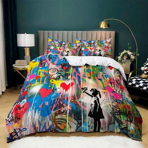 CozyRest Bettwäsche Graffiti Der Hip-Hop-Kultur 155x220 cm Bettbezug Set mit Reißverschluss und 2 Kissenbezug, Mikrofaser Niedliches Kleines Mädchen Bettwäsche Set 3 Teilig für Erwachsene Teenager