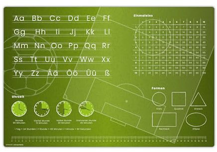 Schreibtischunterlage für Kinder – Lernunterlage zur Einschulung in Fußballfeld Optik ABC, 1x1, Uhrzeiten – 60 x 40 cm – aus abwischbarem Vinyl - Made in Germany (Fußballfeld-Optik)