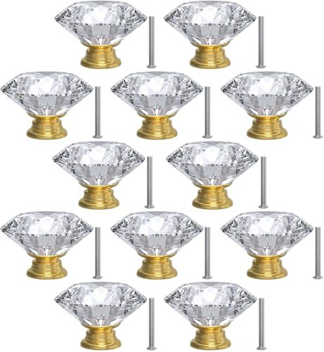 12-Pack Crystal Glass Cabinet Knobs for Home Decor, Vanity Drawers, Desks, Wardrobe Doors, Standard Screws Easy Installation for Home Refurbishment and Redecoration (Clear Crystal, 40mm, Gold Base)