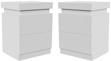 YOURLITE Bedside Table Set of 2 with 2 Drawers, Modern Bedside Cabinet with Charging Station and LED Lights, Nightstand with Sliding Top, Bed Cabinet Chest of Drawers Living Room Bedroom White