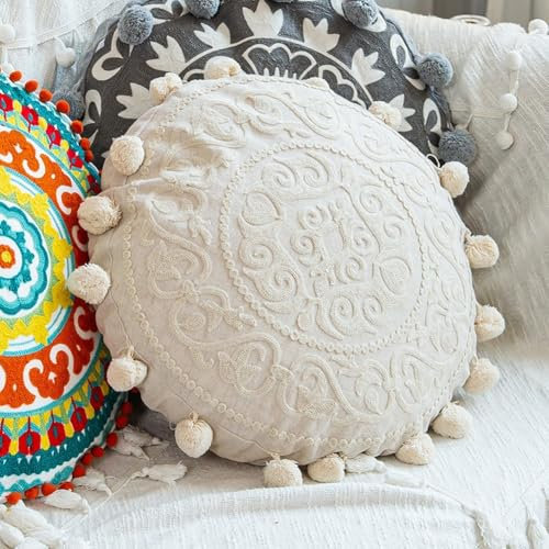 Zilimontt Housse de coussin ronde brodée à la main style ethnique pour canapé de salon, décoration d'intérieur bohème unique, coton et lin, 45 cm de diamètre (1)