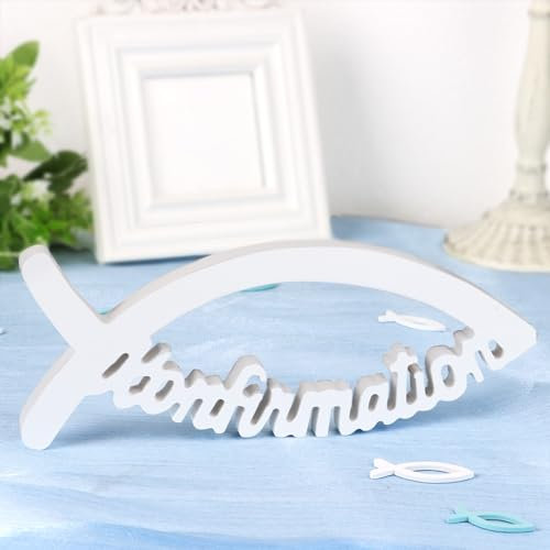 BETESSIN Holzfisch Konfirmation Deko Mädchen und Jungen - Konfirmation Geschenk und Tischdeko für Konfirmationsfeier - 27x11x1.5CM, Weiß
