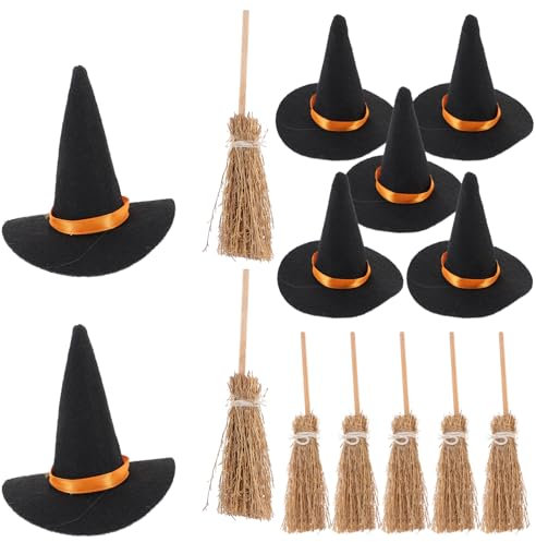 OHPHCALL 7 Set De Sombrero De Bruja De Fieltro De Halloween Conjunto Pequeña Bruja Sombreros De Bruja De Halloween Sombrero Pequeño Escoba De Bruja Pequeños Sombreros De Bruja De Halloween