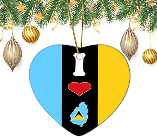 Keramik-Weihnachtsschmuck I Love My Country, St. Lucia Weihnachtsdekoration, St. Lucia Flagge, Ornamente, Porzellan-Dekoration für Weihnachtsbaum, einzigartiges Andenken