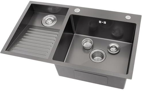KOOGIMDDR 80x48cm Negro Gris Fregadero de lavandería, 304 Acero Inoxidable Lavabo de lavanderia balcón de Lavabo con Lavabo Lavadero Fácil De Limpiar Doble Fregadero De Lavandería Piscina