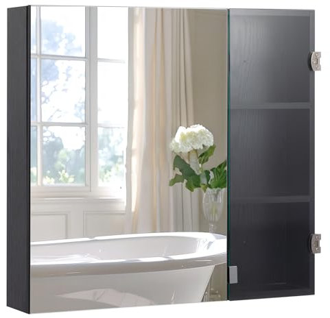 HollyHOME Bathroom Mirror Cabinets One Mirror and One Glass Door Medicine Cabinet with Adjustable Shelf,75x70x13cm Wooden Wall Mounted Storage Cupboard,Black