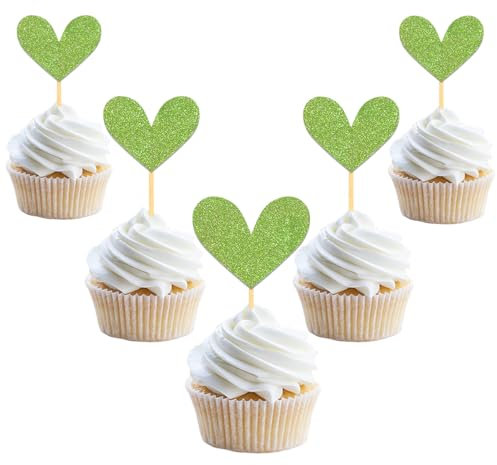 24 Stück Glitzer Liebe Herz Cupcake Toppers, Muttertag Deko Tortendeko, Hochzeit Gemischte Größe Kuchendeko für Valentinstag Jahrestag Braut Geburtstag Heiratsantrag Verlobung Party Deko (Grün)