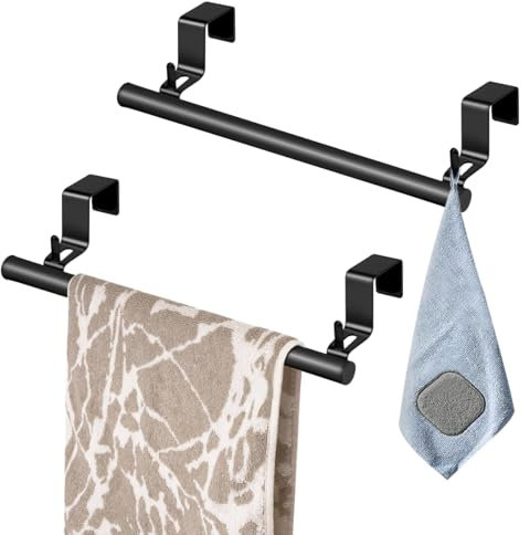 2 Stück Handtuchhalter zum Einhängen, Edelstahl Handtuchstange, Türhandtuchhalter mit Rutschfestem Kratzschutzstreifen, Geschirrtuchhalter für Schranktür Geeignet Küche Bad (2PCS Black Upgrade)