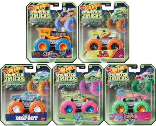 Hot Wheels Monster Trucks Glow in the Dark Set - 5-Pack (Shark Wreck, Bigfoot, Bone Shaker, Scorpedo & Loco Punk) | 1:64 Scale Die-Cast Trucks - Mattel Ages 3+