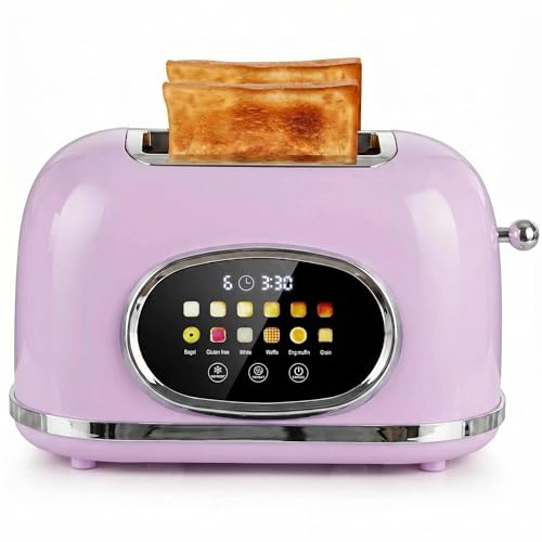 Roter Mond 2 Slice Toaster Smart Touch Screen, Retro Stainless Steel Bread Toaster with Digital Timer, Sleep Mode, Bagel, Cancel, and Defrost Functions, 6 Bread Types and Shade Settings, Light Purple