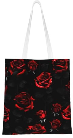 FKGKDF Red And Black Roses Print Polyester Canvas Tote Bag, Shopping Bag With Reinforced Handles, Reusable