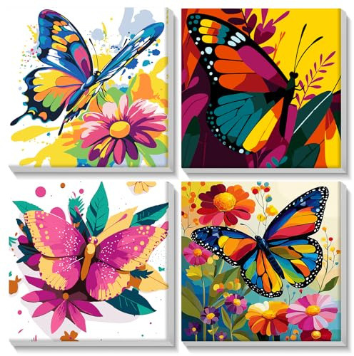 AIRDEA 4 Pack Butterfly Bloom Paint by Numbers for Adults Beginners with Wooden Frame, Painting by Numbers for Beginners, Simple DIY Painting Acrylic Oil Canvas Kit 8x8 inch