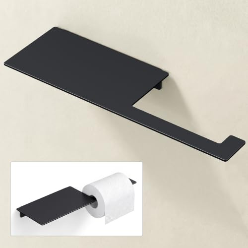 Mai & Mai Toilettenpapierhalter mit Ablage aus Edelstahl Matt schwarz | Klopapierhalter WC zum Kleben oder Bohren, Toilettenpapier Halterung WC Klorollenhalter 30cm Lino-01